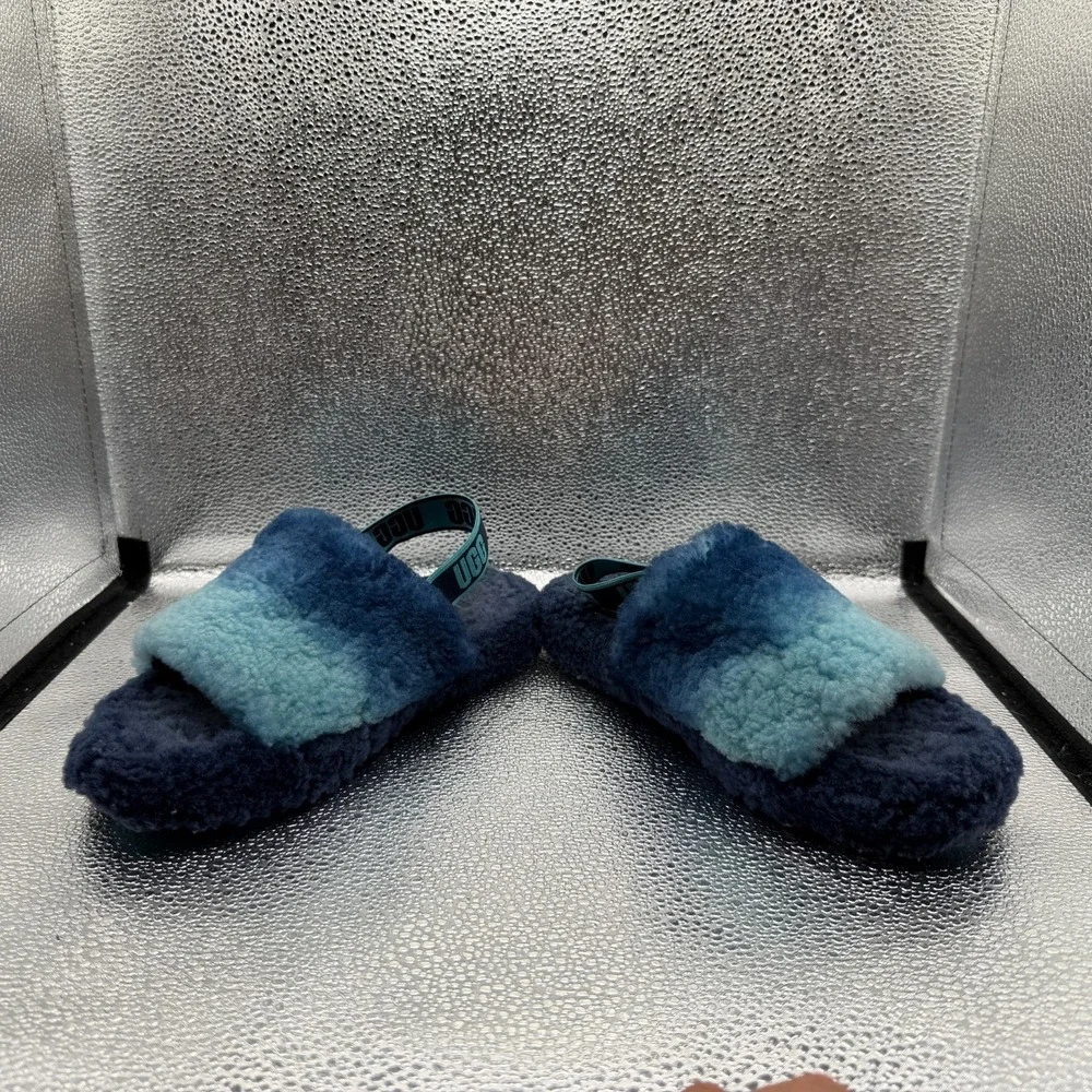 Size 6 UGG Fluff Yeah Slide Gradient Blue Kids Slingback Fuzzy Slipper 1120772K